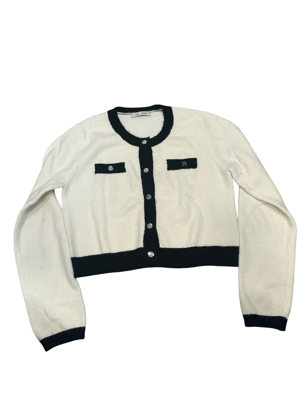 Gab & Kate Women’s Large Cropped Knit Ivory Cardigan with Black Trim